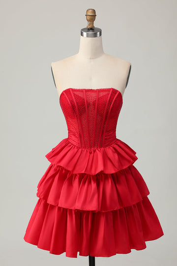 Sparkly Red Strapless Tiered Corset Beaded Short Cocktail Dress with Bow